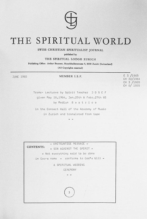 Cover of an issue of the English-language journal The Spiritual World from 1965 by medium Beatrice Brunner