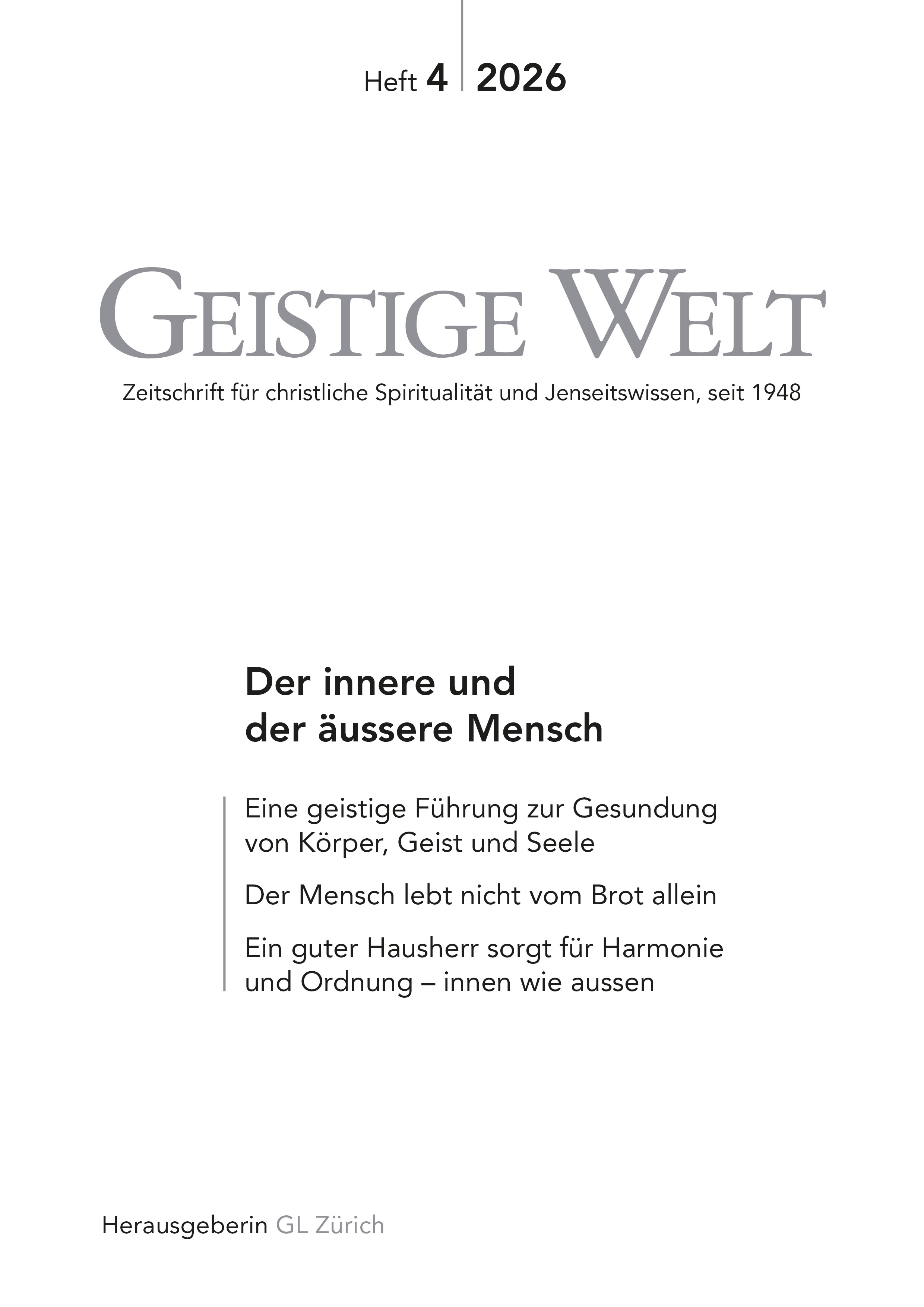 Cover der Zeitschrift Geistige Welt, Heft 4/2026 zum Thema Der innere und der äussere Mensch